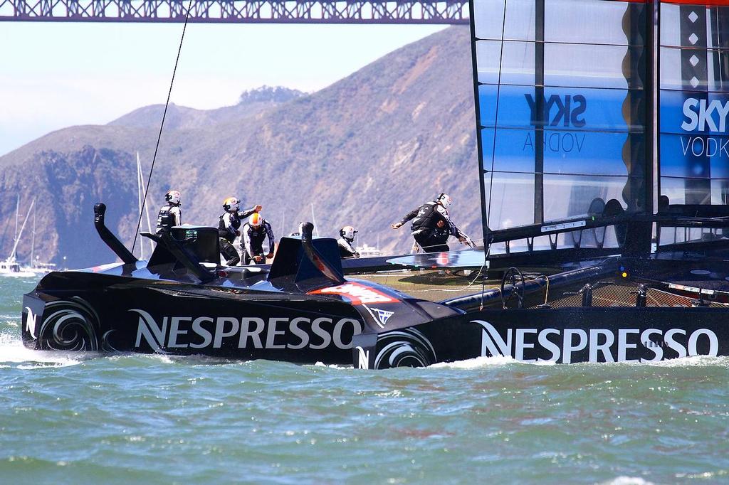 Oracle Team USA v Emirates Team New Zealand. America’s Cup Day 5 San Francisco. Emirates Team NZ before the start of Race 9 © Richard Gladwell www.photosport.co.nz